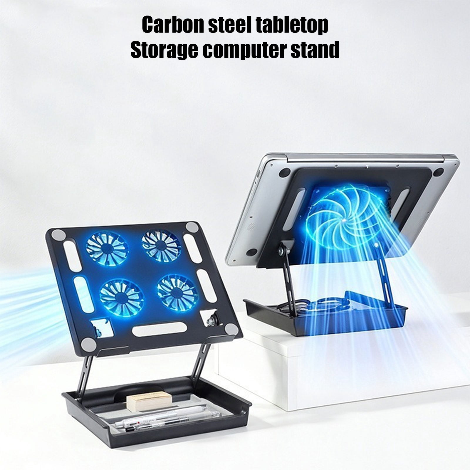 Space Saving Laptop Desk Stand Equipped With Cooling Fan And Locking Mechanism Has Built In Storage Area