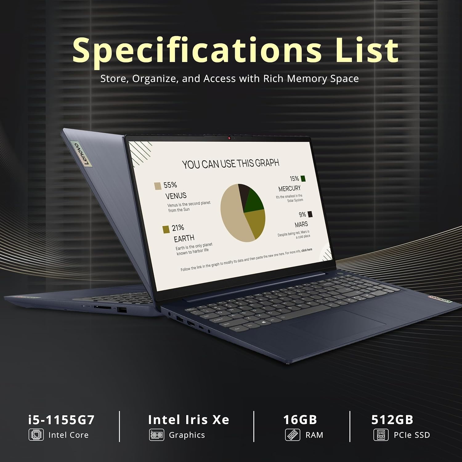 Lenovo IdeaPad 3i 15.6" FHD Touchscreen Laptop, Intel Core i5-1155G7, 16GB RAM, 512GB PCIe SSD, Intel Iris Xe Graphics, HD Webcam, Dolby Audio, WiFi 6, Win 11, Abyss Blue, 128GB Hotface USB Card