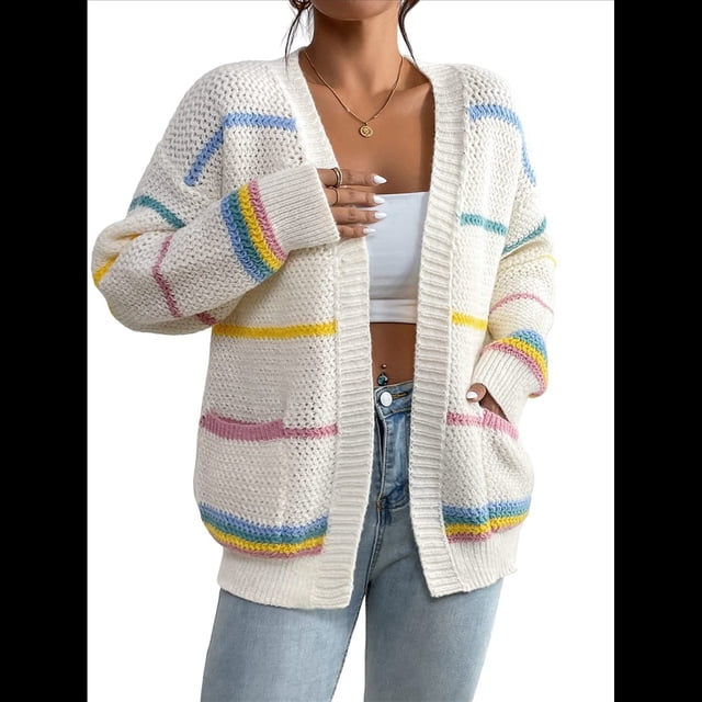 Suéter Cárdigan Extragrande con Hombros Caídos y Rayas de Colores para Mujer, Abierto Al Frente Albaricoque L