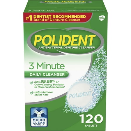 (2 pack) Polident 3 Minute Triple Mint Antibacterial Denture Cleanser Effervescent Tablets, 120 (Best Denture Cleaner For Invisalign)