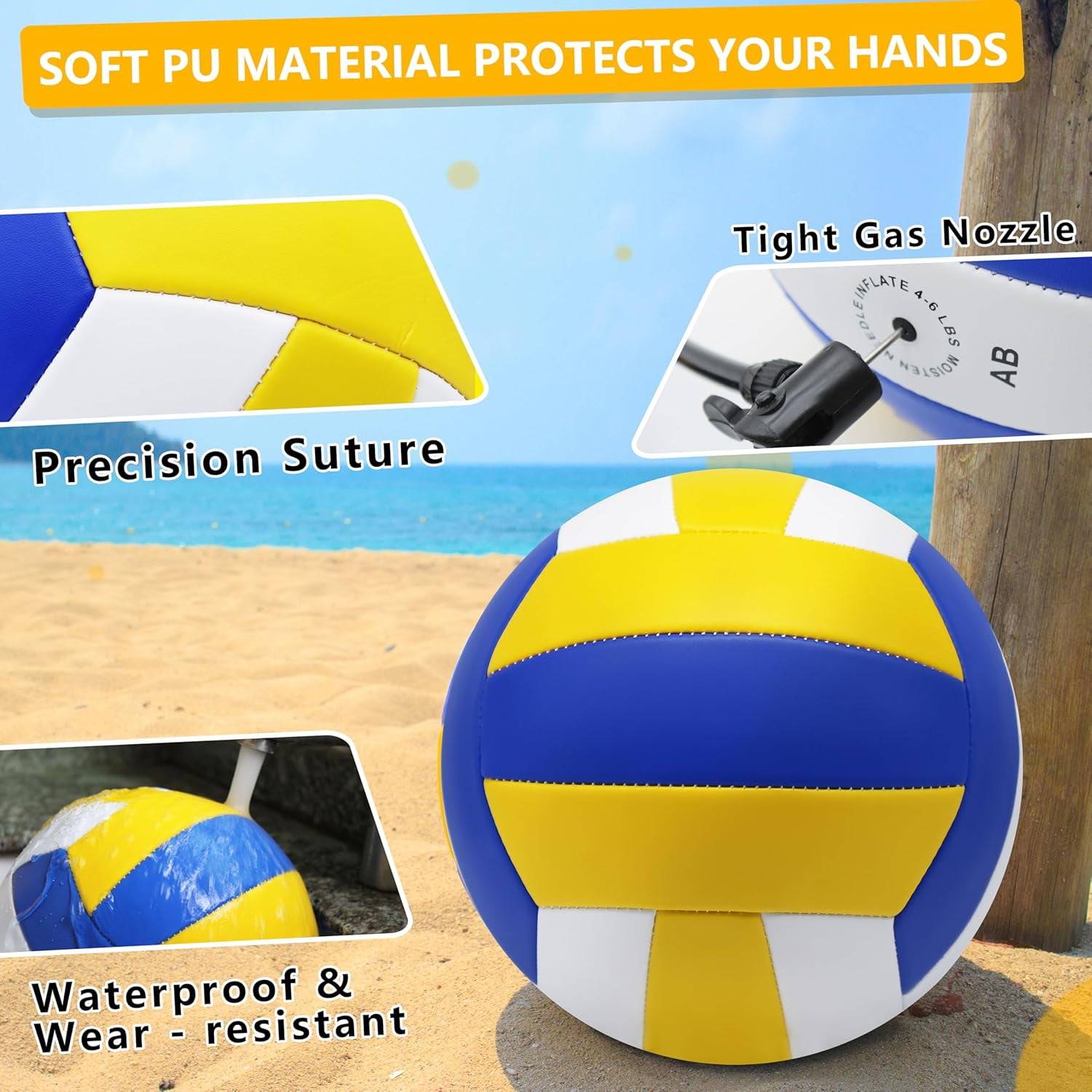 Magicorange 6 Pack Volleyball Ball, Official Size 5 Soft PU Leather Recreational Volleyballs with Pump & Mesh Bag for Beach Play, Game,Gym,Training (Multicolor)
