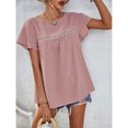 thumbnail image 4 of Blusa de manga corta de jacquard, blusa de manga con volantes de encaje y cuello redondo para mujer, verano, primavera, rosa, M, 4 of 8