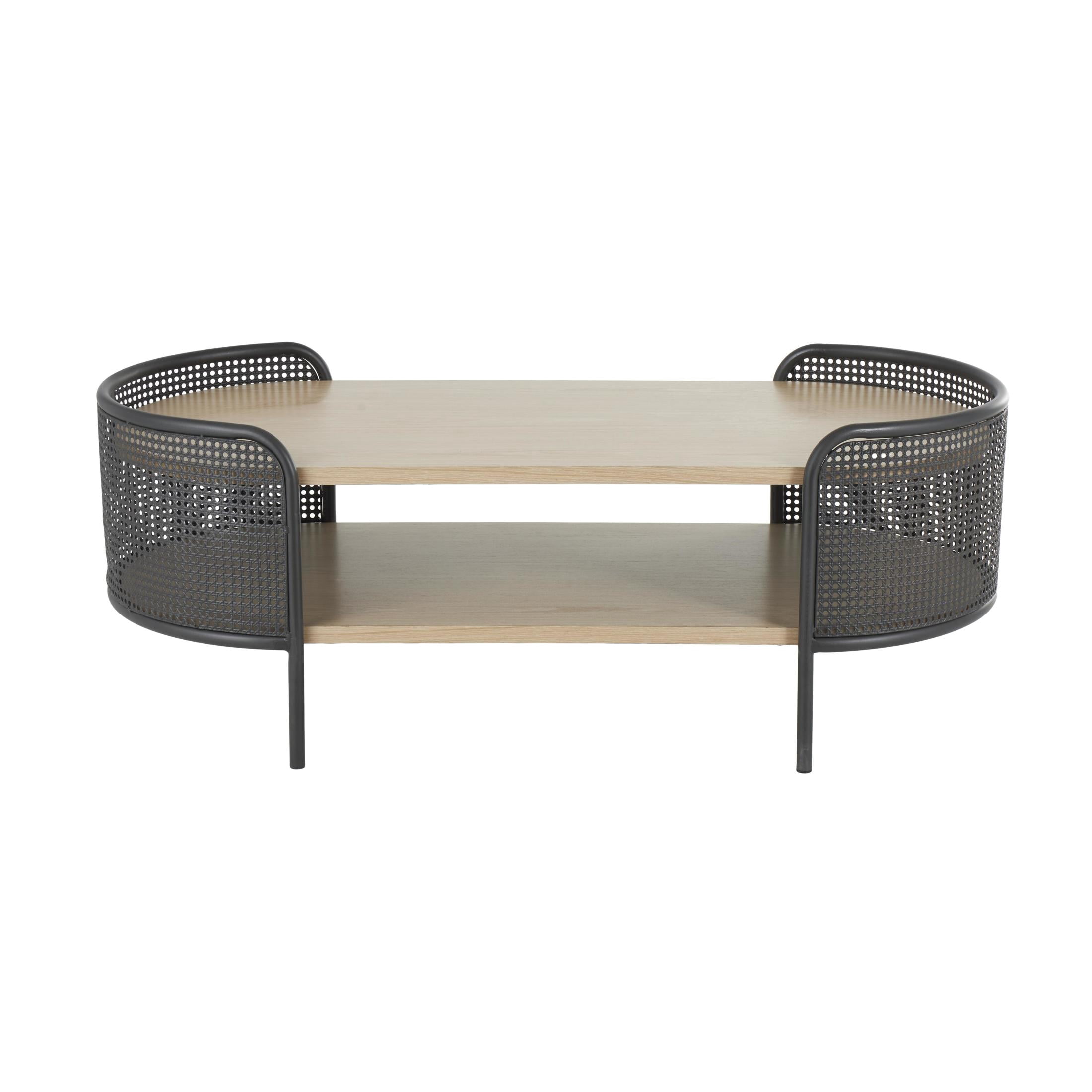 DecMode 49" x 18" Light Brown Wooden Oval Two-Toned Coffee Table with Mesh Side Panels and Brown Wood Tabletop, 1-Piece