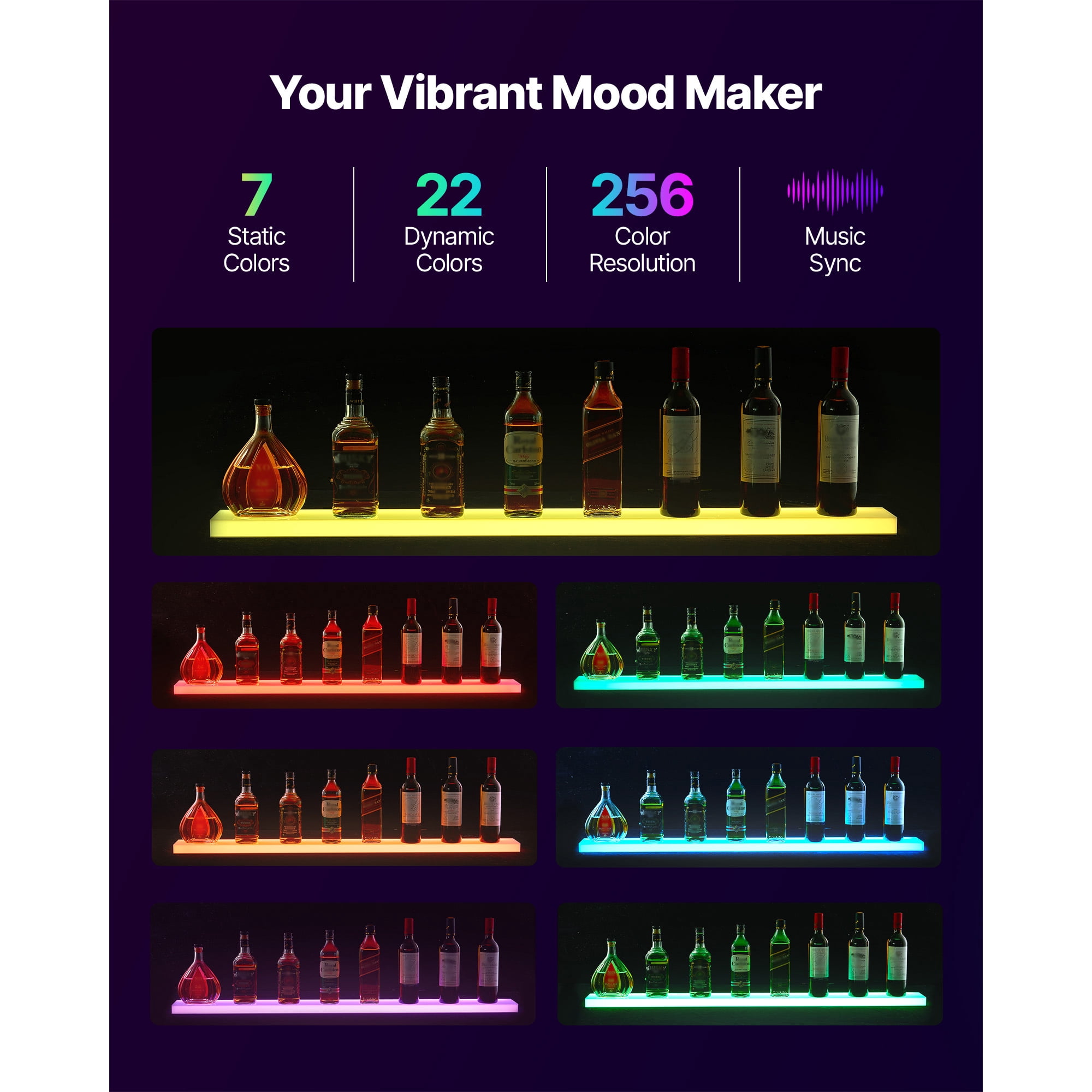 KFFKFF LED Lighted Liquor Bottle Display, 1-Tier 48-Inch Whiskey Rack with USB Support, Illuminated Bar Shelf with RF Remote & App Control, 7 Static Colors, Acrylic Shelf for 12 Bottles