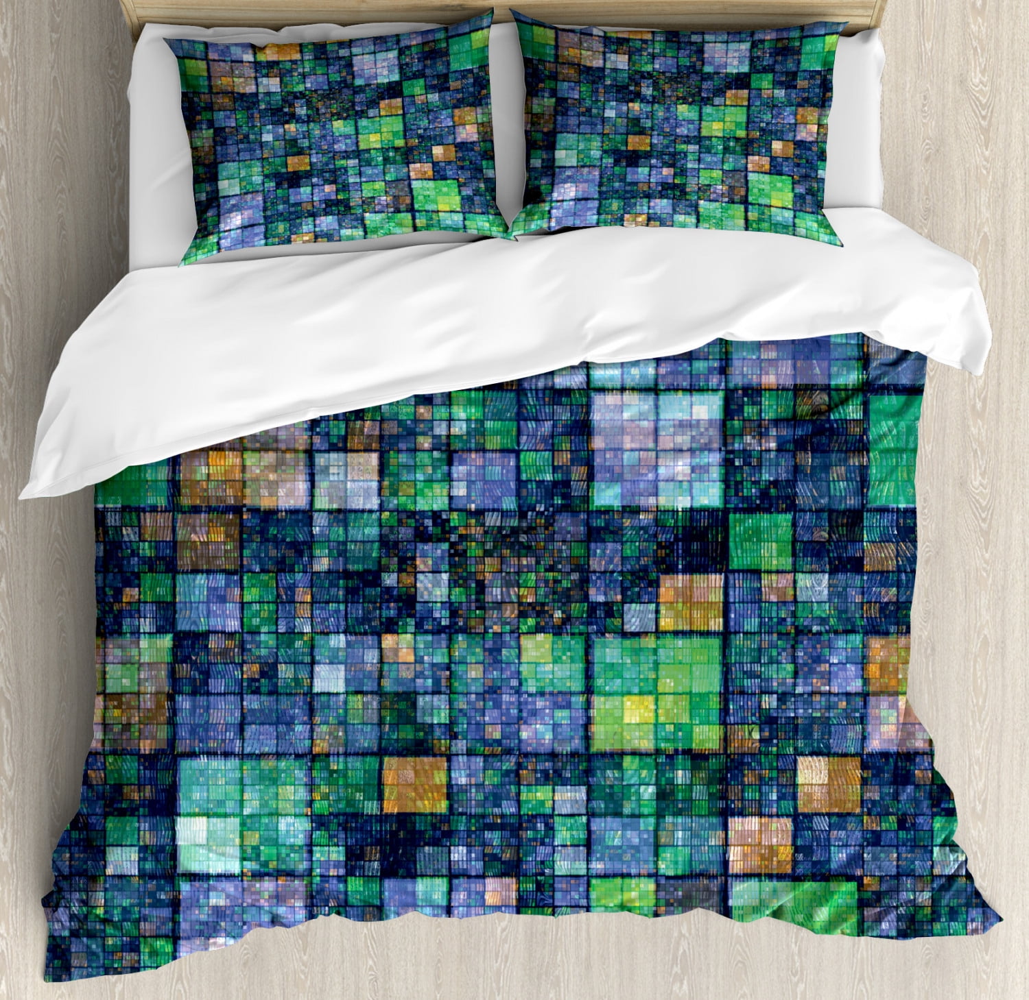 Modern Duvet Cover Set, Mosaic Geometric Design with Rainbow Colors