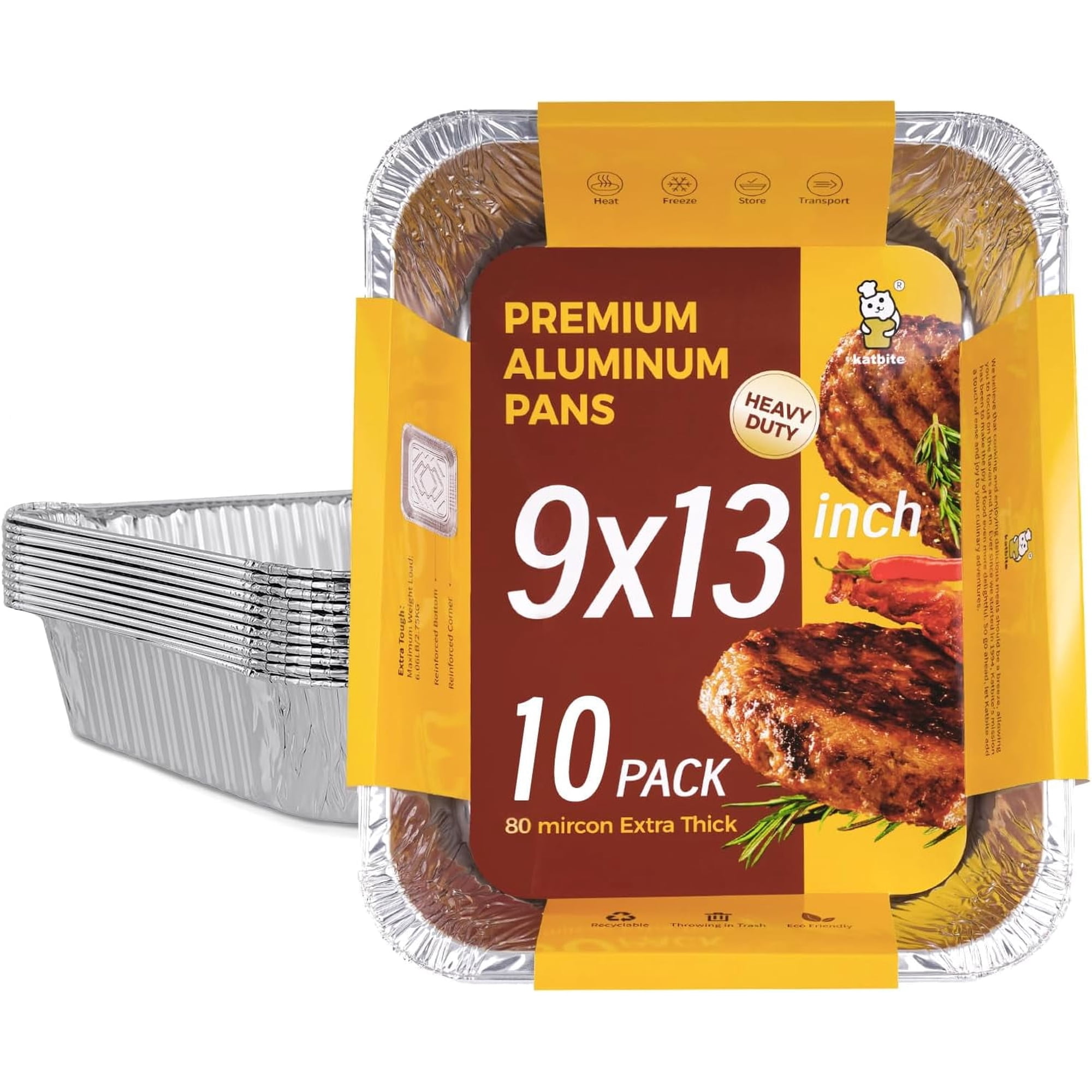 Katbite Heavy Duty 9x13 Aluminum Foil Pans, 10-Pack Disposable Baking Tray Set