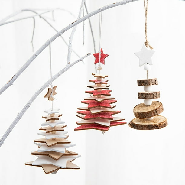 Decoraciones colgantes de madera para árbol de Navidad - Adorno de tronco con estrella, manualidades de resina marrón, blanca roja, 12x3x3cm y 10x7x7cm