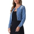 thumbnail image 4 of INSPIRE CHIC Women's Denim Jackets Collarless Long Sleeves Button Down Crop Jean Jackets M Light Blue, 4 of 6