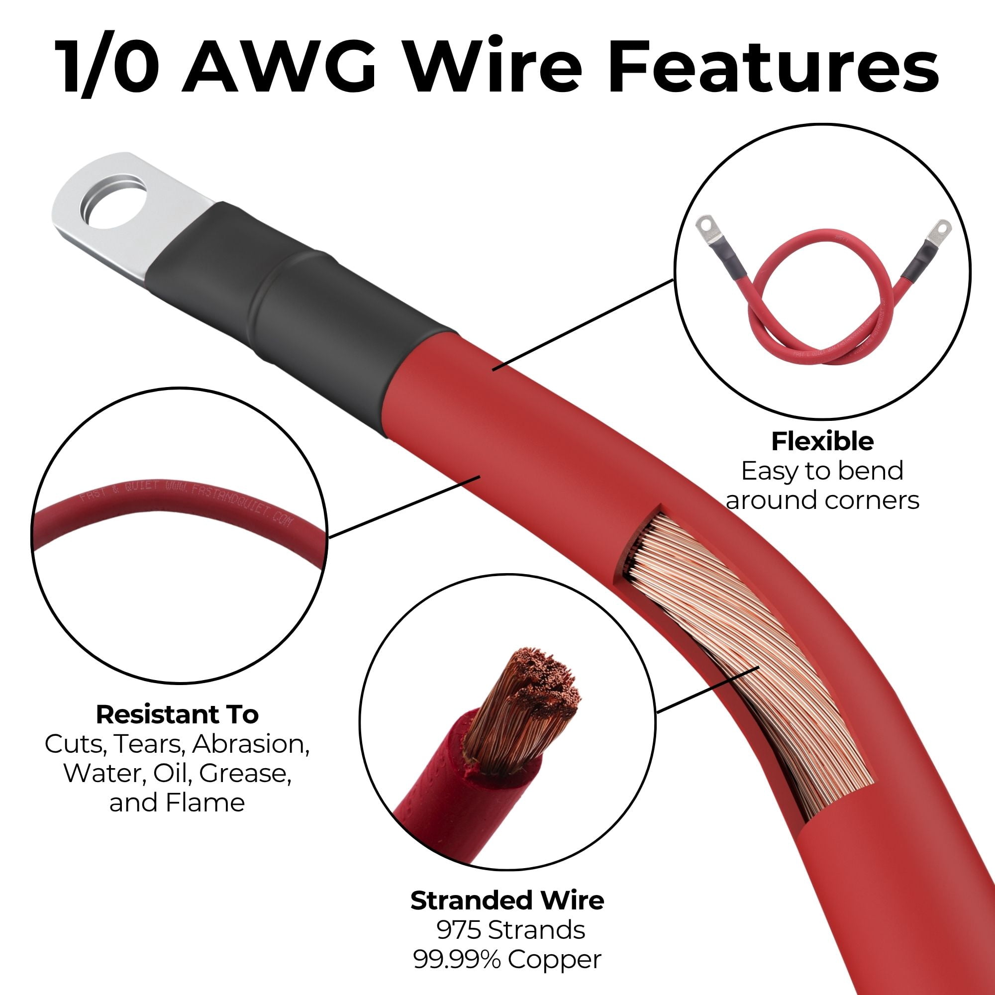 1/0 AWG Battery cable with Terminals, Pure Copper Wire, Auto, Solar Inverter, Welding, Golf Cart Battery Cable, Lawn Mower, Motorcycle (Red Wire, 3 FT (36 in), 1/2" Lugs on Both Ends, 1pc)