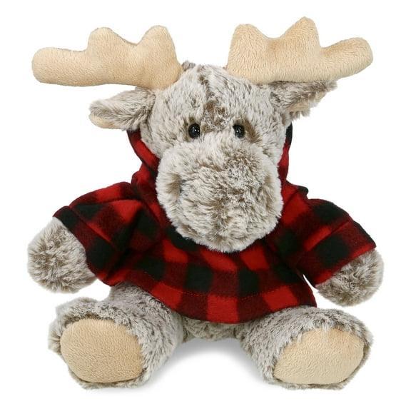 DolliBu Super Soft Sitting Moose Stuffed Animal with Plaid Red Hoodie Sweater - Cute Moose Plush Lumberjack Stuffed Toy with Plaid Jacket Dress Up for Christmas, Holiday, Winter - 8 Inches