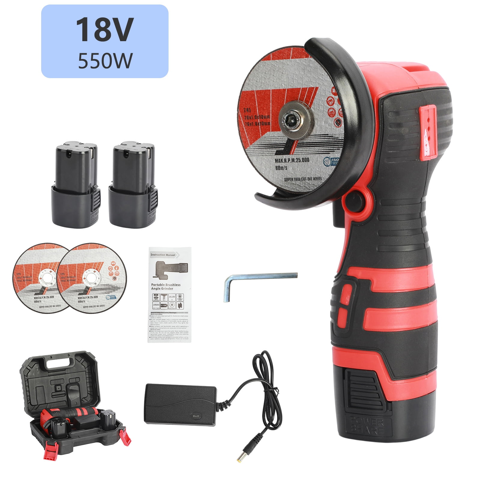 Nuoxin Electric Brushless Cordless Angle Grinder, 18V Angle Grinder Tool Cutting Tool with 2 Batteries, and 2 Types Cutting Discs for Cutting, Polishing, Grinding, and Rust Removal