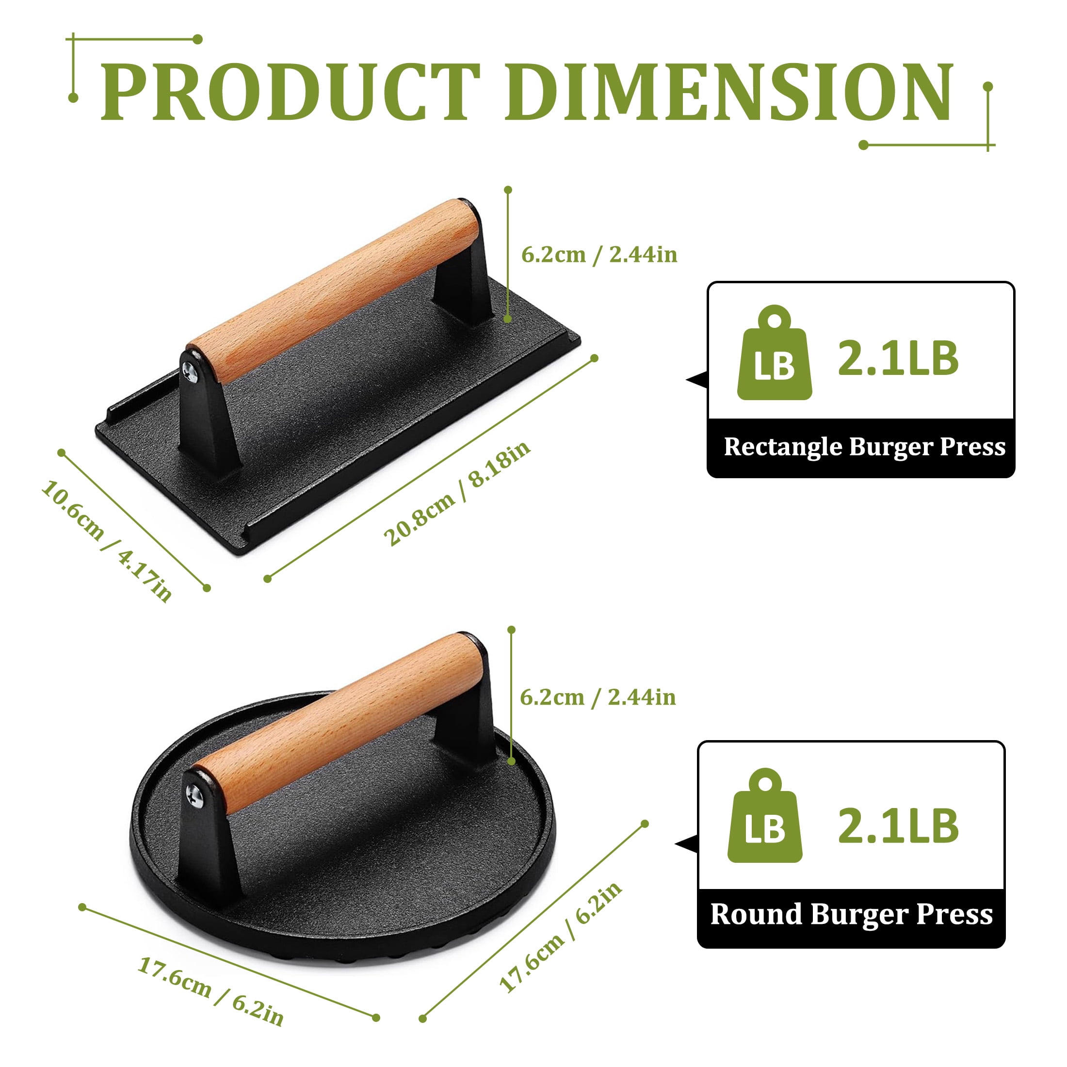 Burger Press Set, 7" Round Smash Burger Press & 8"x4" Rectangle Cast Iron Grill Press with Wooden Handle, Meat Weight Press for Griddle, Sandwiches, Panini, Nonstick Pan