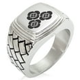 thumbnail image 1 of Stainless Steel Asakura Samurai Crest Geometric Pattern Step-Down Biker Style Polished Ring, 1 of 1