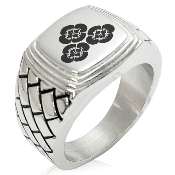 Stainless Steel Asakura Samurai Crest Geometric Pattern Step-Down Biker Style Polished Ring