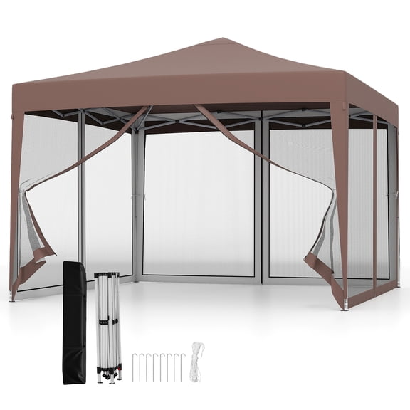 Gymax 10 FT x 10 FT Pop-Up Canopy Tent w/ Mesh Netting Carry Bag 8 Stakes & 4 Ropes Outdoor Rustic Brown