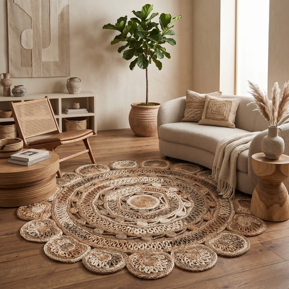 Harlow Hill Cora 7'6" Round Brown/Off White Geometric Hand Braided Reversible Jute Indoor Area Rug