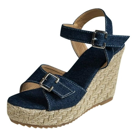 

BSDHBS Women Sandals Platform Thick Heeled Sandals Fashionable Denim Buckle Wedge Sandals Dark Blue Size 37