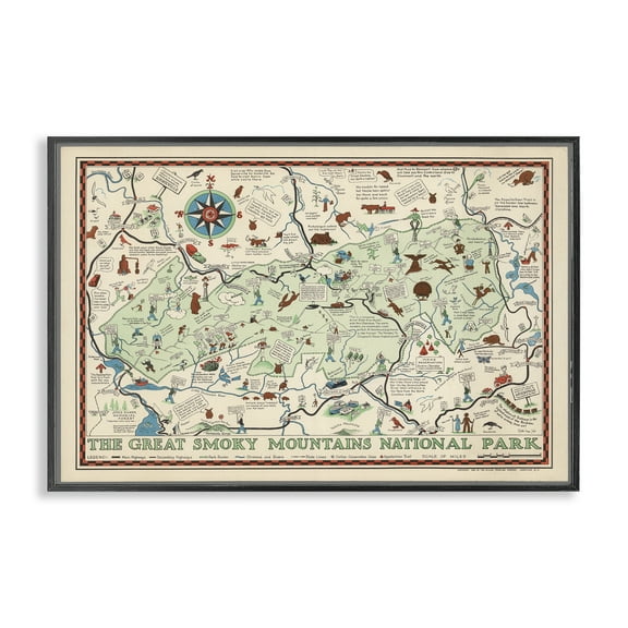 Stupell Industries Great Smoky Mountains Map History & Language Painting Black Framed Art Print Wall Art, 18 x 12