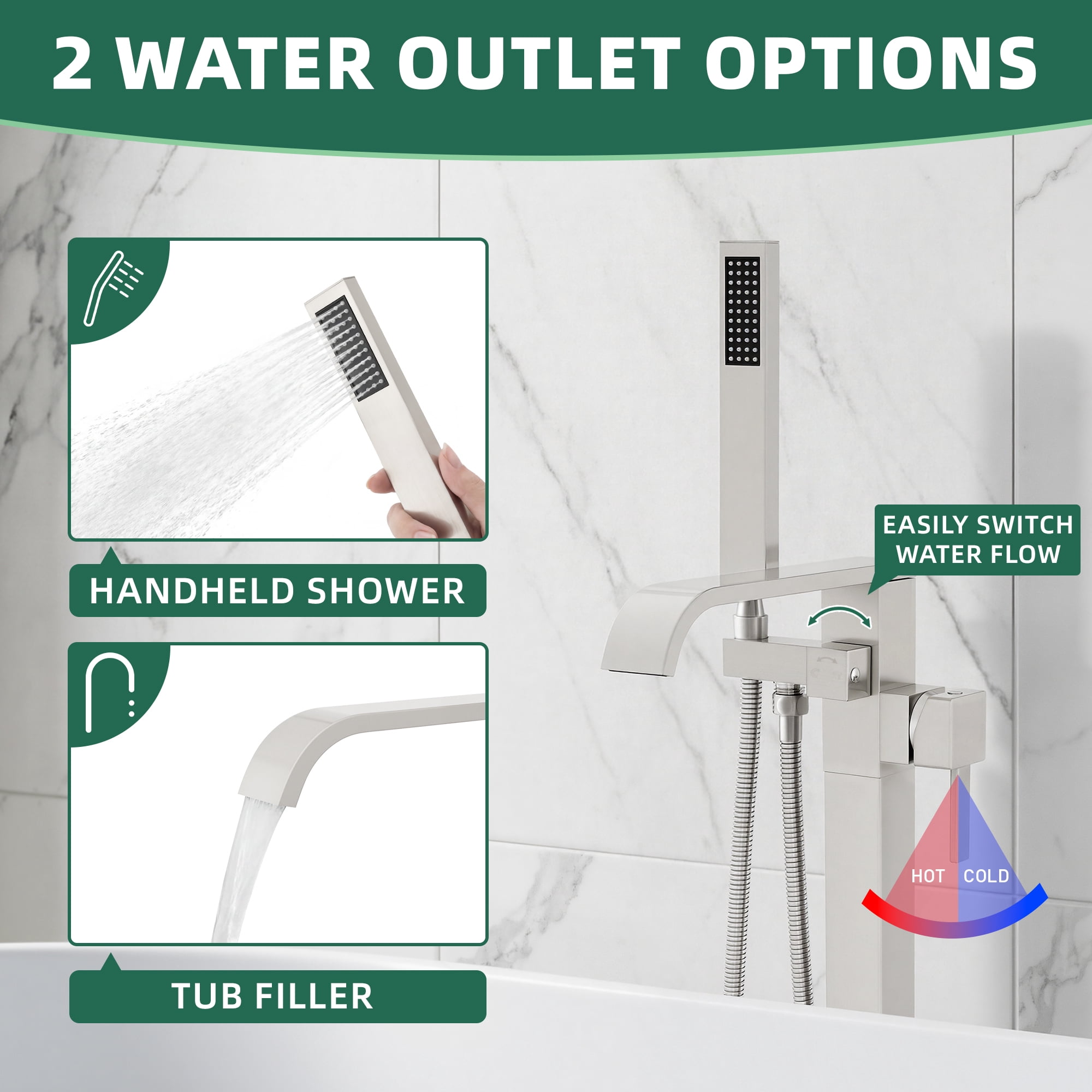 Free Standing Tub Faucet, High Flow Freestanding Bathtub Faucet with Waterfall Spout & Handheld Shower, 360°Swivel Tub Filler, Brass Body, Brushed Nickel