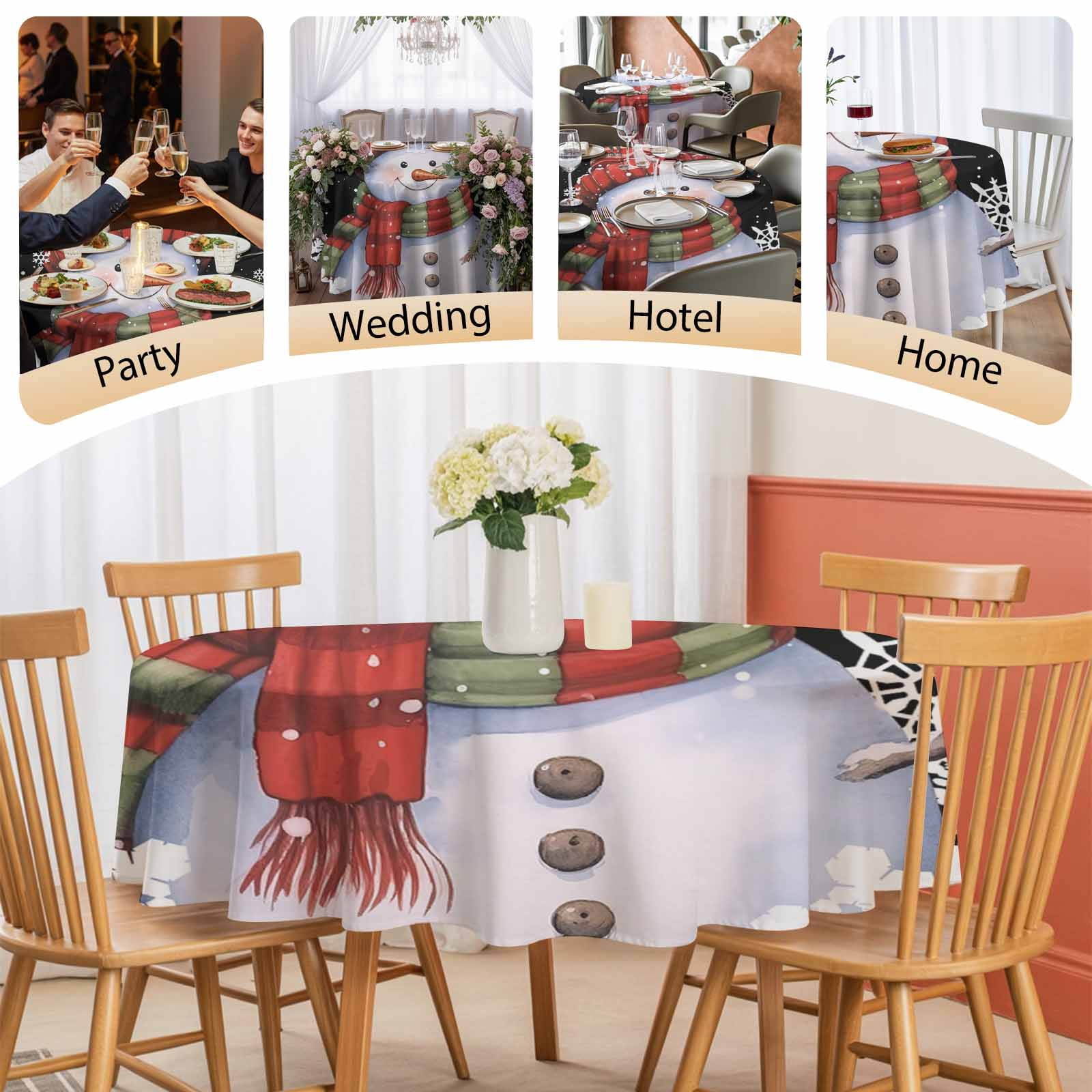 Round Tablecloth Black Christmas Snowman Waterproof Oil Proof Polyester Table Cloth Cover Decor for Home Dining Outdoor,Patio,Parties, 60" Dia. Winter Snowflakes