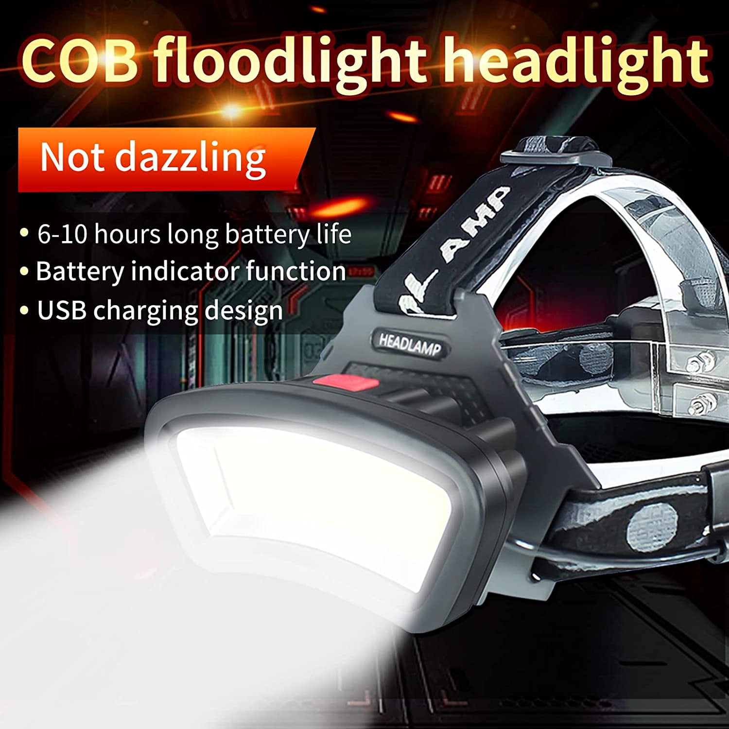COB Floodlight Headlamp USB Rechargeable with Red Light, 2000 Lumen LED Headlight - Car Maintenance and Night Construction 6-10 Hours Long Battery Life