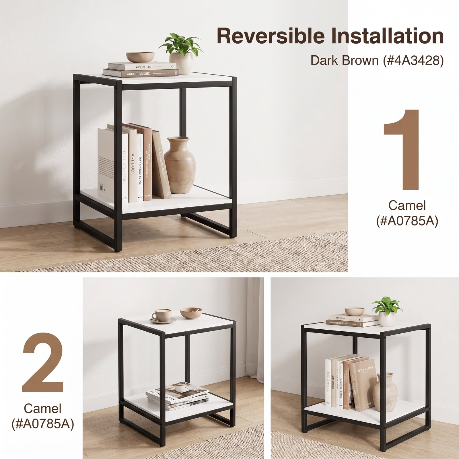 Furnibear 2 Tier Square End Table with Reversible Storage Shelf and Sleek Modern Finish for Living Room and Bedroom, White