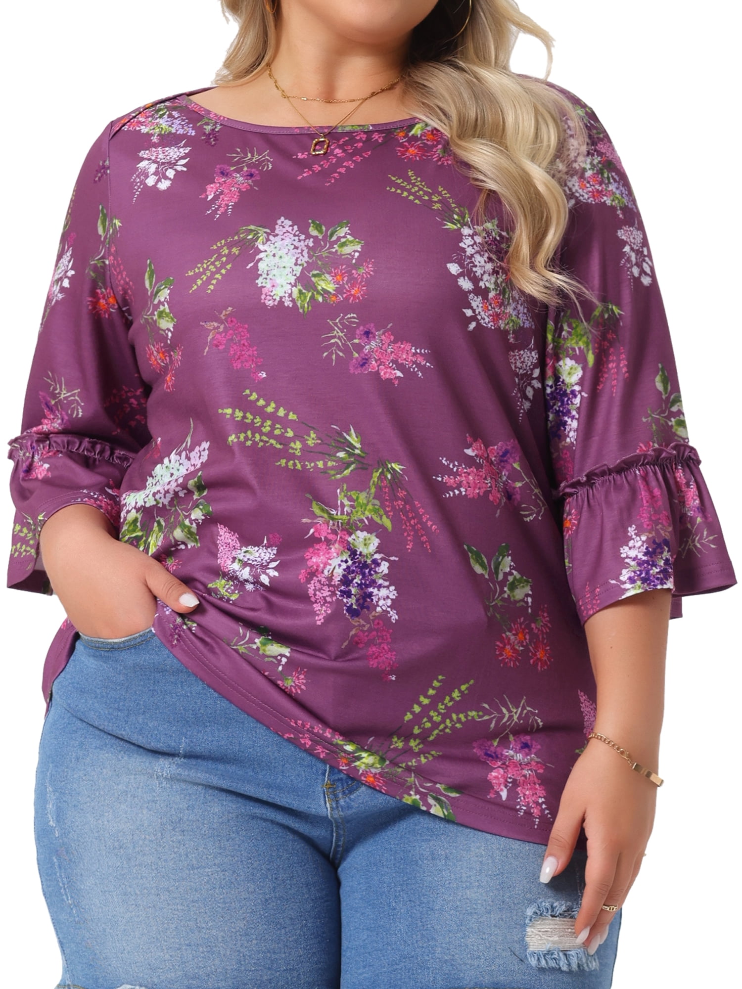 DARING DIVA Women's Plus 3/4 Ruffle Sleeve Boat Neck Floral Top 2X Purple