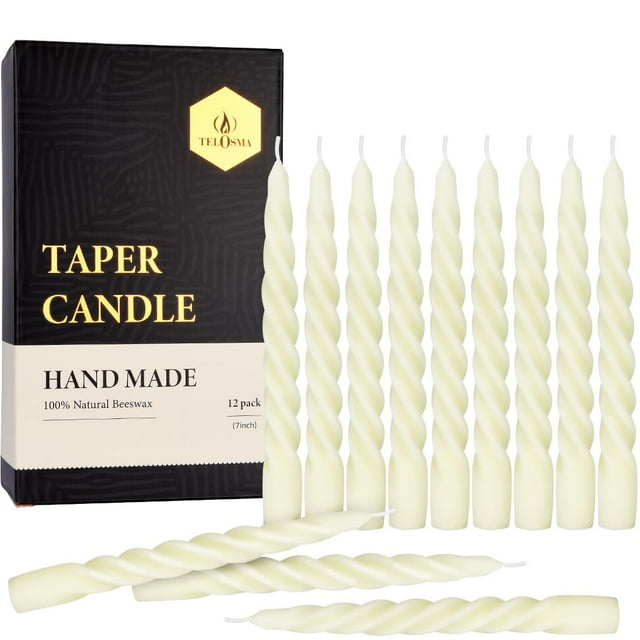 Velas cónicas TELOSMA de cera de abejas natural en espiral, 18 cm, 12 unidades