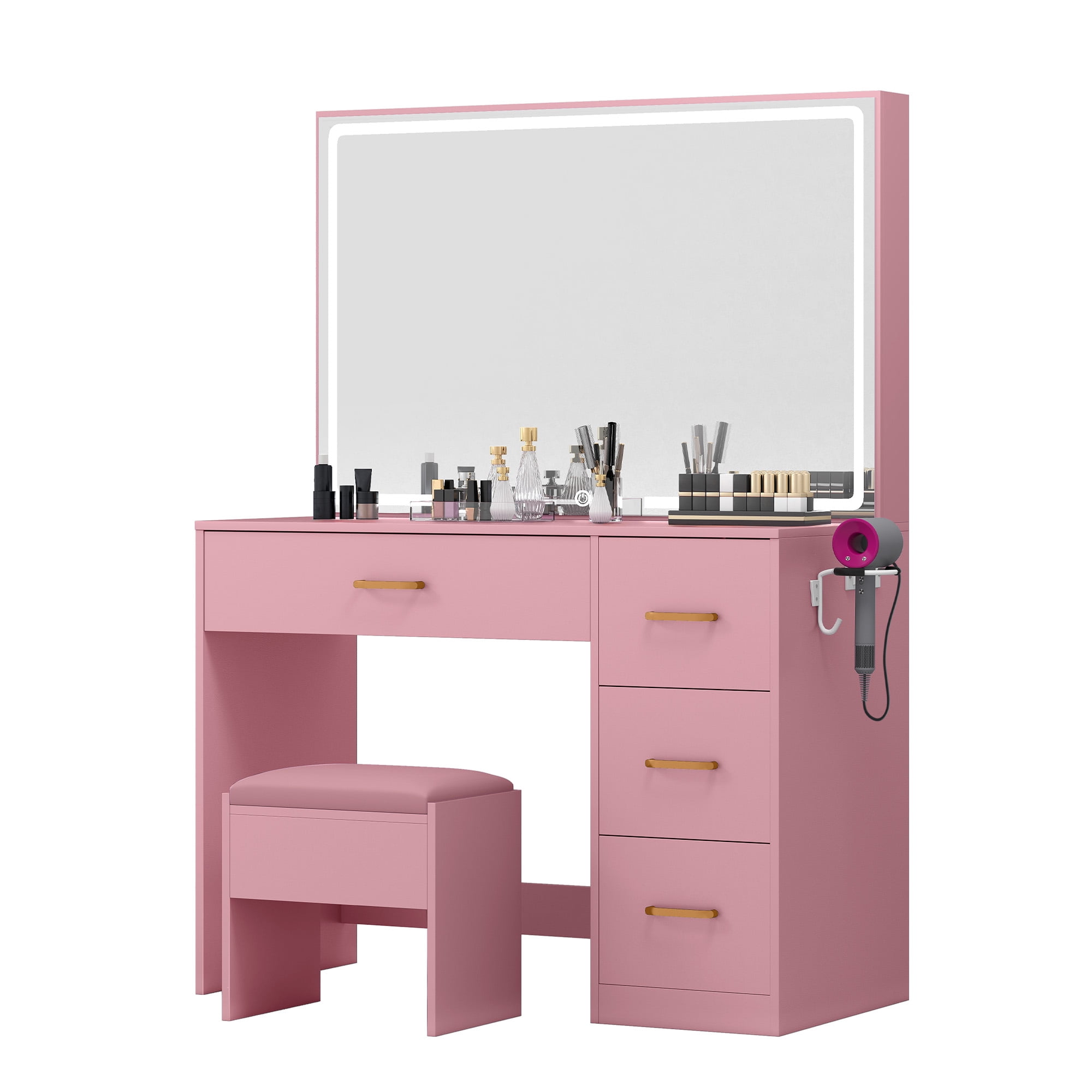 Uforic 4 Drawers Makeup Desk with LED Mirror, Vanity Table with Power Strip, Stool, Pink