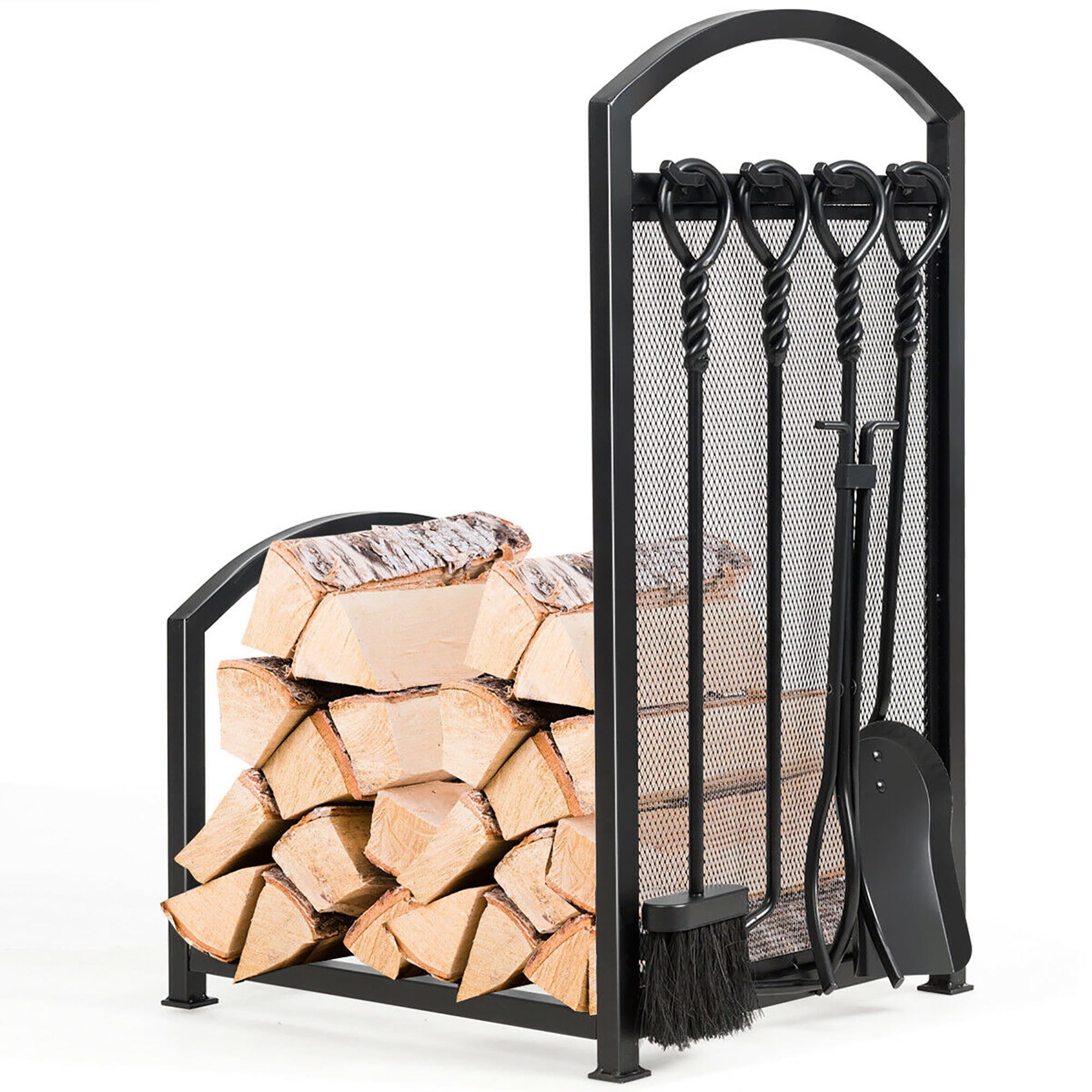 Brush Shovel DORTALA Firewood Log Rack with 4 Tools and Poker for Outdoor or Indoor Use Fireplace Log Storage Holder Set w//Heavy-Duty Steel Frame 5 Pieces Lumber Stacker Set with Tong