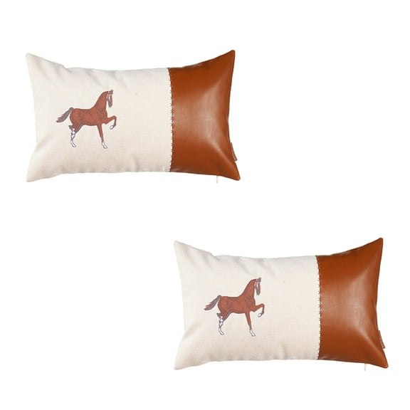 Boho Embroidered Horse Handmade Set of 2 Throw Pillow 12" x 20" Vegan Faux Leather Solid Beige & Brown Lumbar for Couch, Bedding