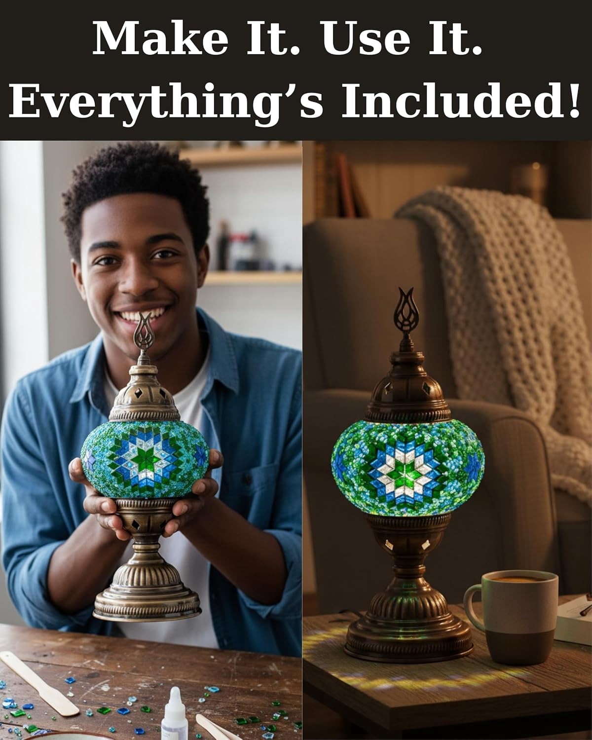 DEMMEX DIY Turkish Mosaic Lamp Making Kit – No Grout Needed – Fun, Easy, No Experience Required – Complete Mosaic Art & Craft Project Kit for Adults & Teens – Make Your Own Table Lamp (Turquoise)