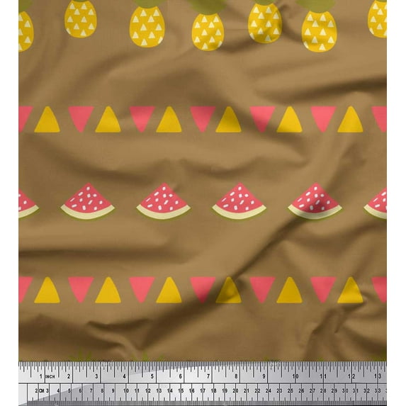 Soimoi Brown polyester Crepe Fabric Triangle,Pine & Watermelon Fruits Print Fabric by the Yard 42 Inch Wide