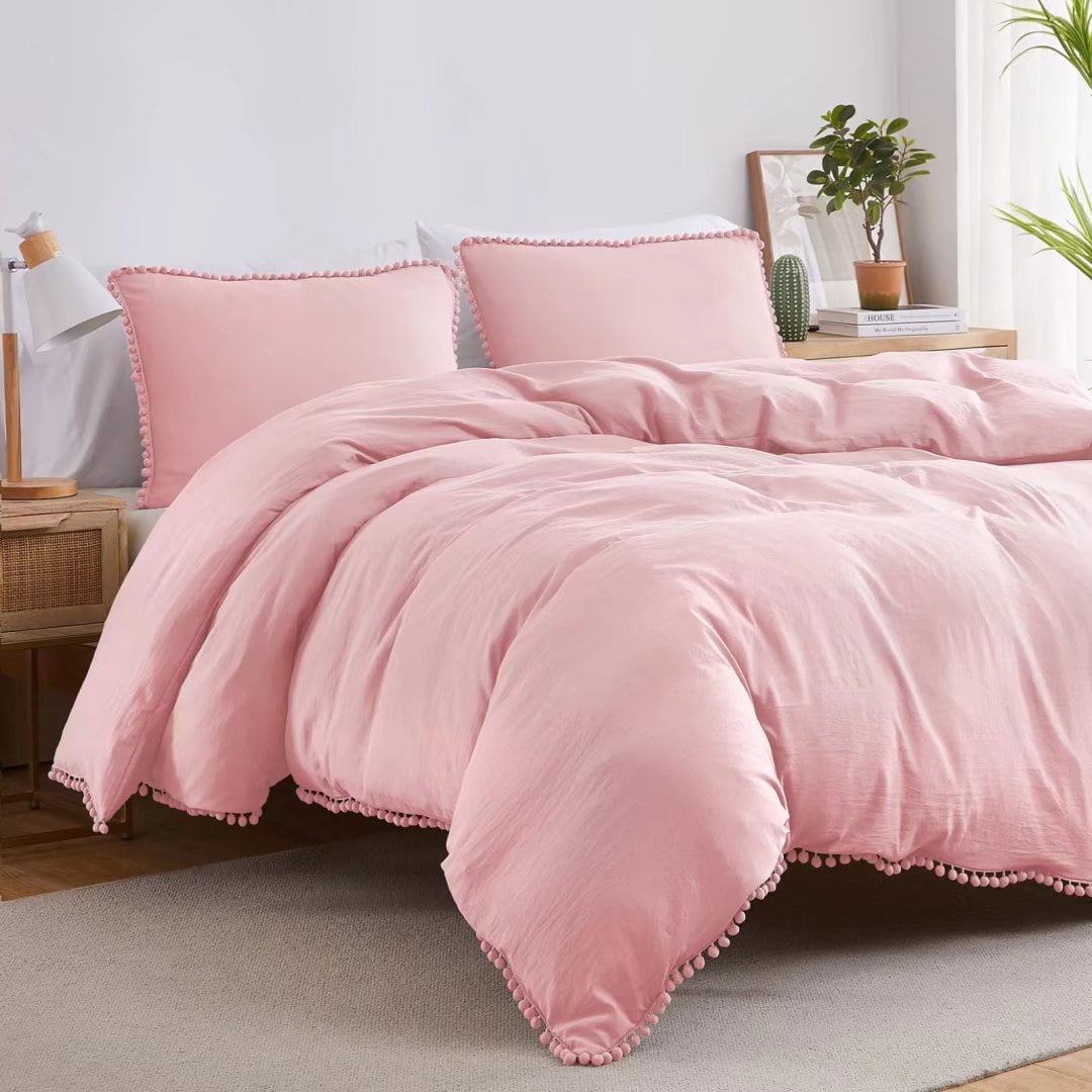 Haperlare Pom Pom Duvet Cover Queen Size 3 Pieces Soft Washed Solid