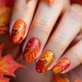 thumbnail image 1 of Uñas postizas AROVFAM con forma de hoja de arce, color dorado mate, acrílico con purpurina, 24 unida, 1 of 7