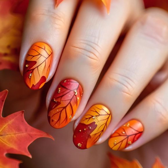 Uñas postizas AROVFAM con forma de hoja de arce, color dorado mate, acrílico con purpurina, 24 unida