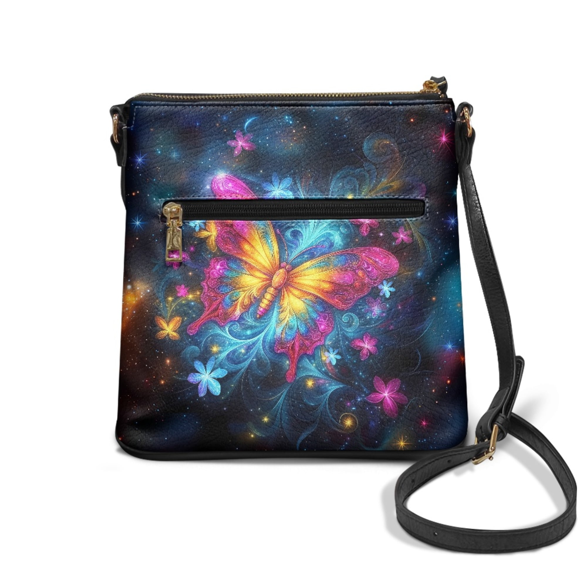 Kuiaobaty Butterfly Flower Galaxy Print Women's Crossbody Bag, Medium Size Portable Leather Satchel Purse Crossbody, Waterproof Messenger Handbag with Adjustable Strap for Travel