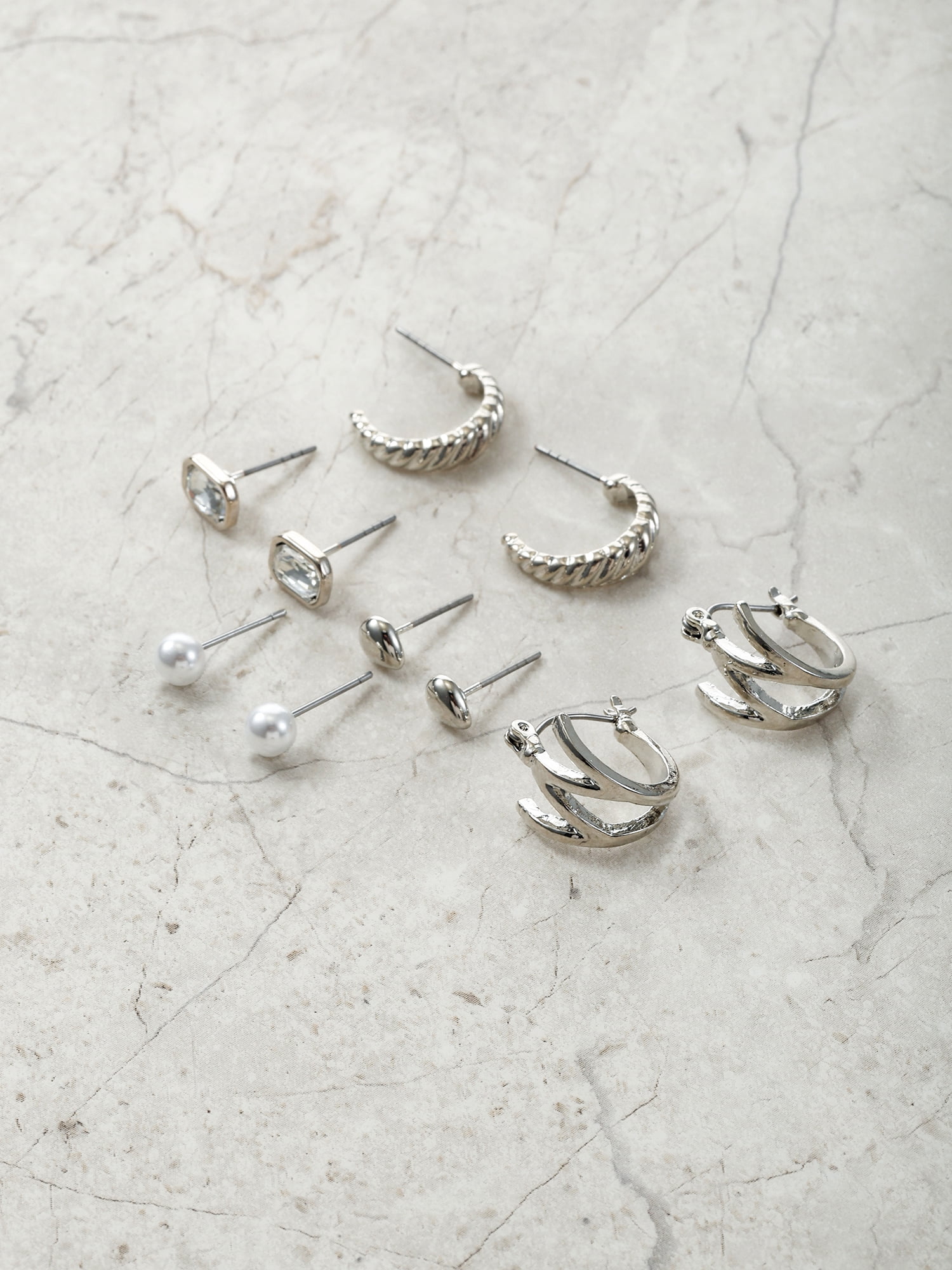 Time and Tru Silvertone Multi Earring Set, 5 Pairs, Initial W