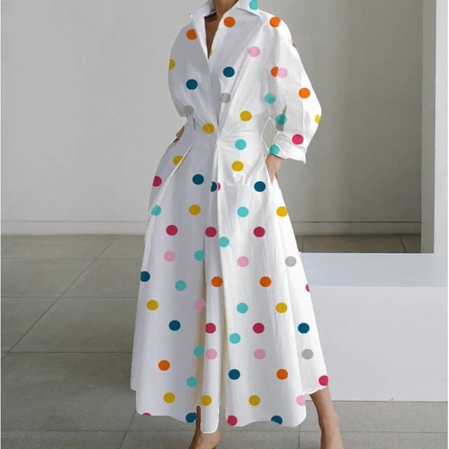 Women's Polo Collar Long Sleeve Maxi Dress - Ankle-Length, Elastic, Button Detail, Polyester