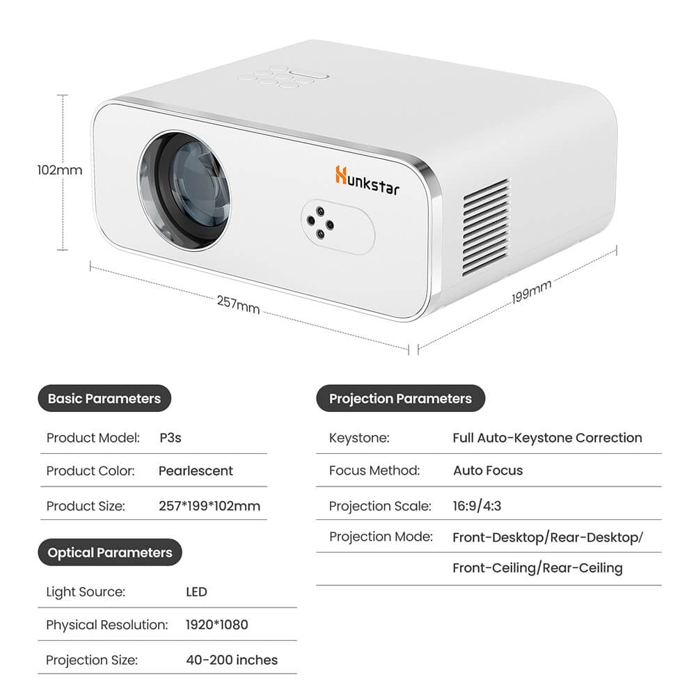 P3s Projector with Bluetooth 5.0, WiFi 6, 1000 ANSI Lumens, Native 1080P, 4K Decoding, Auto Keystone & Focus, Dual 5W Speakers -Hunkstar
