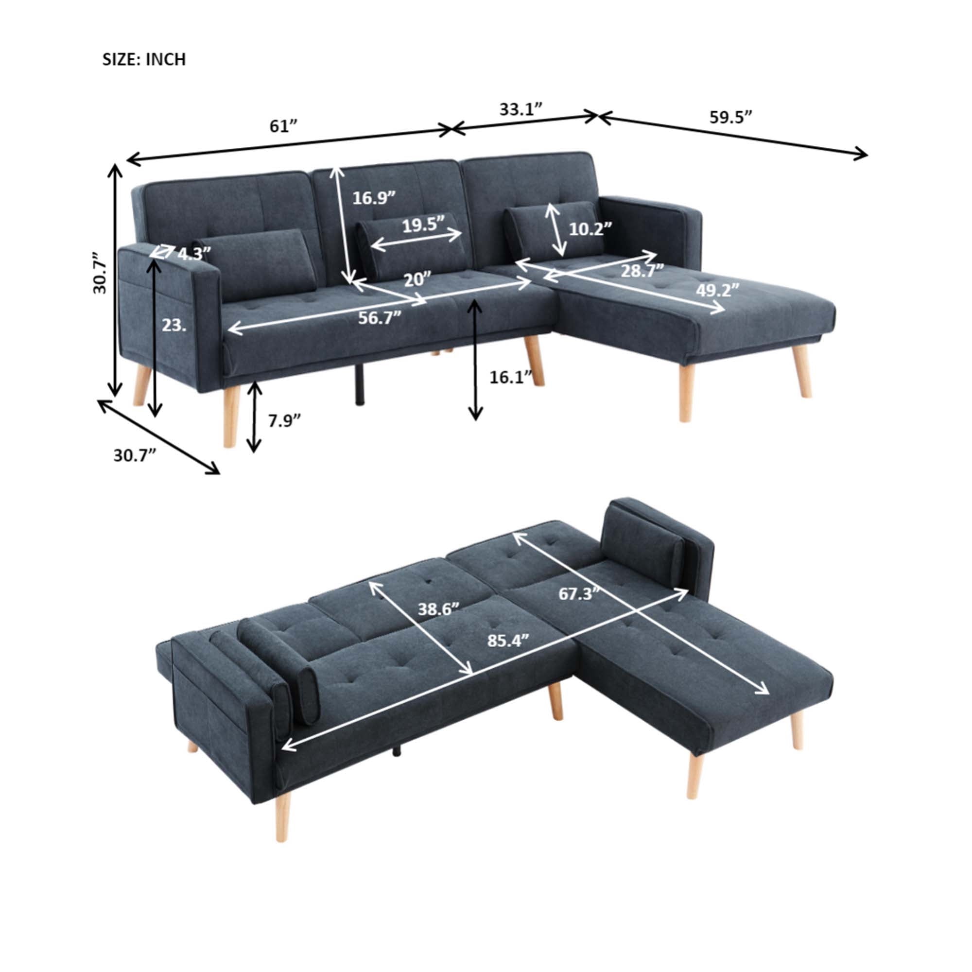 Aukfa 94" Futon Sofa Bed, Convertible Sleeper Sofa for Living Room, Right Facing Chaise, Linen, Gray