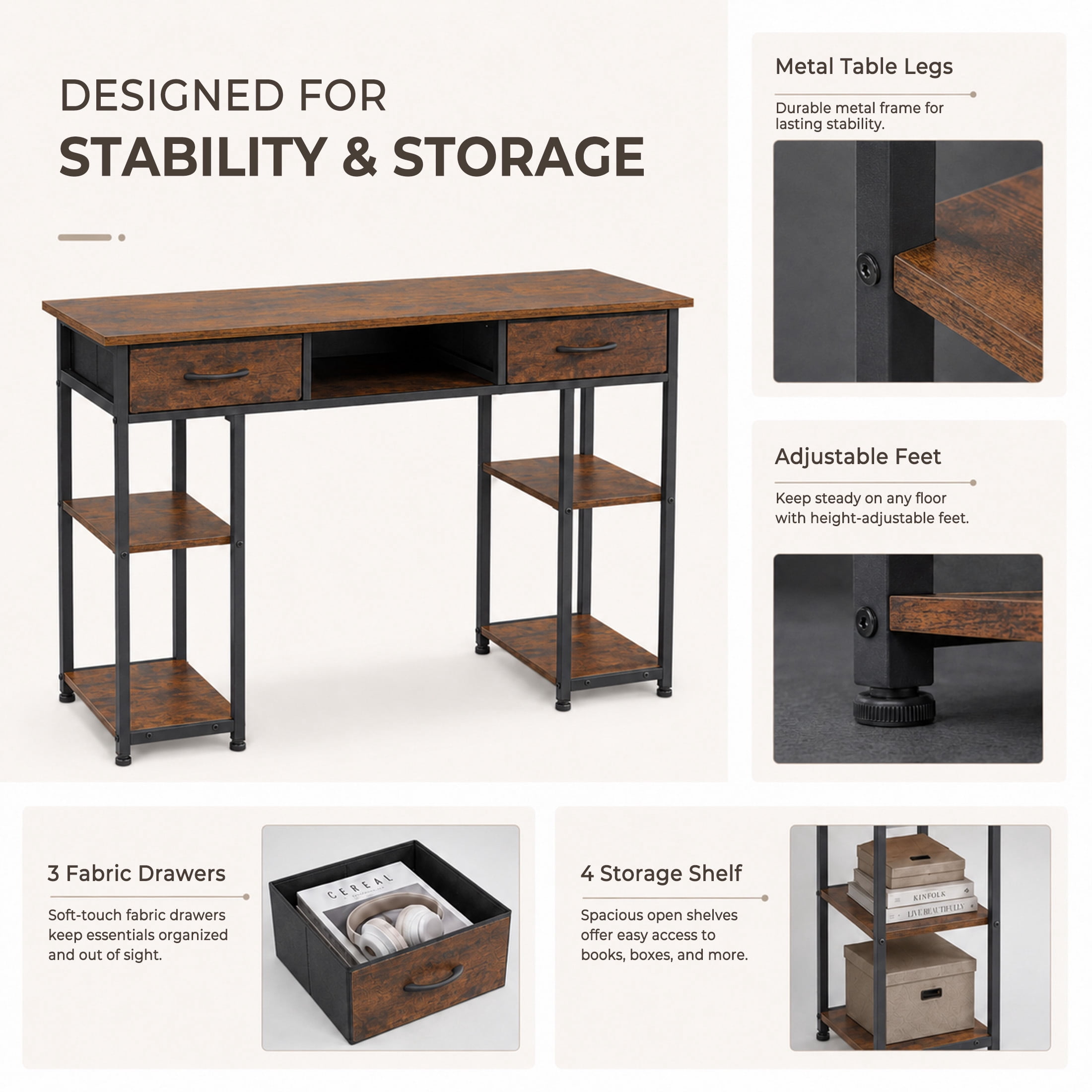 edx Small Desk with Fabric Drawers & Storage Shelves, 48 Inch Computer Desk Modern Writing Desk Study Table for Home Office, Brown Rust