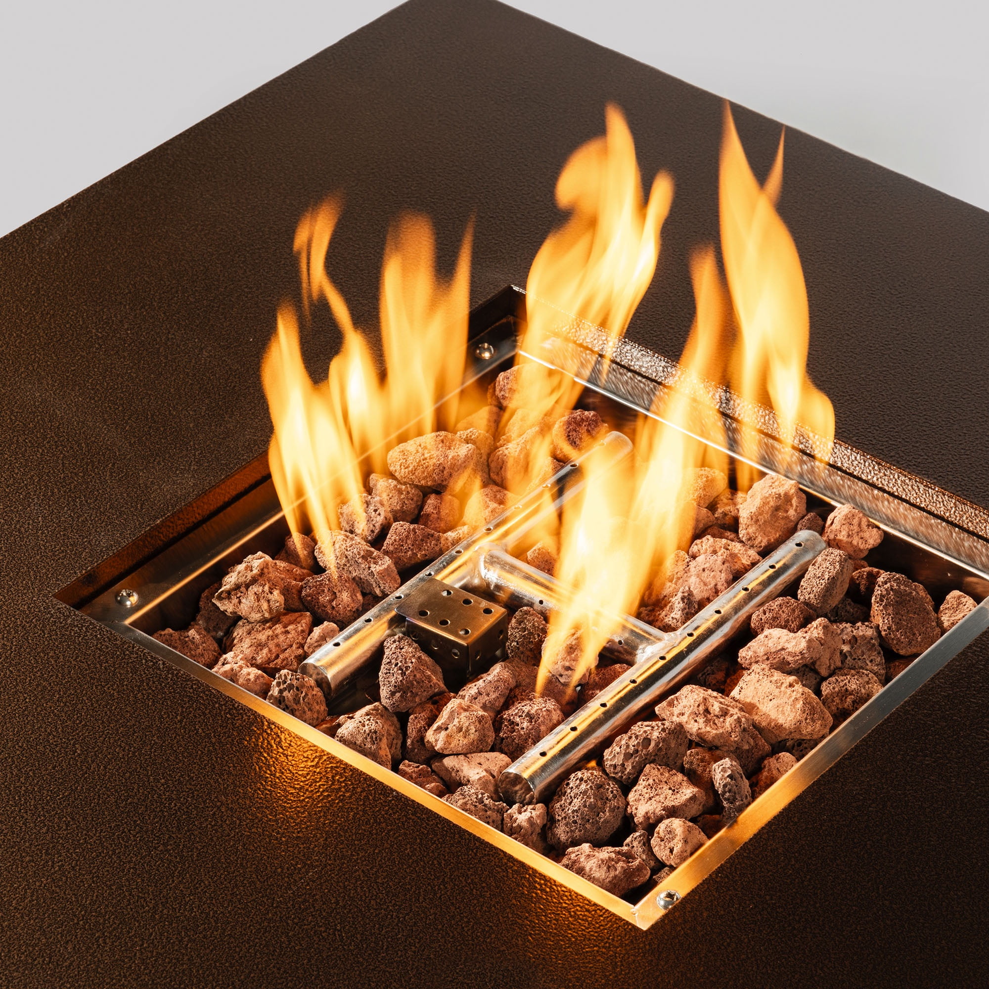 28" Fire Pit Table, Propane Fire Pit with Lid, Lava Rocks, 50000 BTU Outdoor Gas Fire Pit, Metal Square Propane Fire Pit for Outside Garden Backyard Deck Patio, Brown, LLL4008