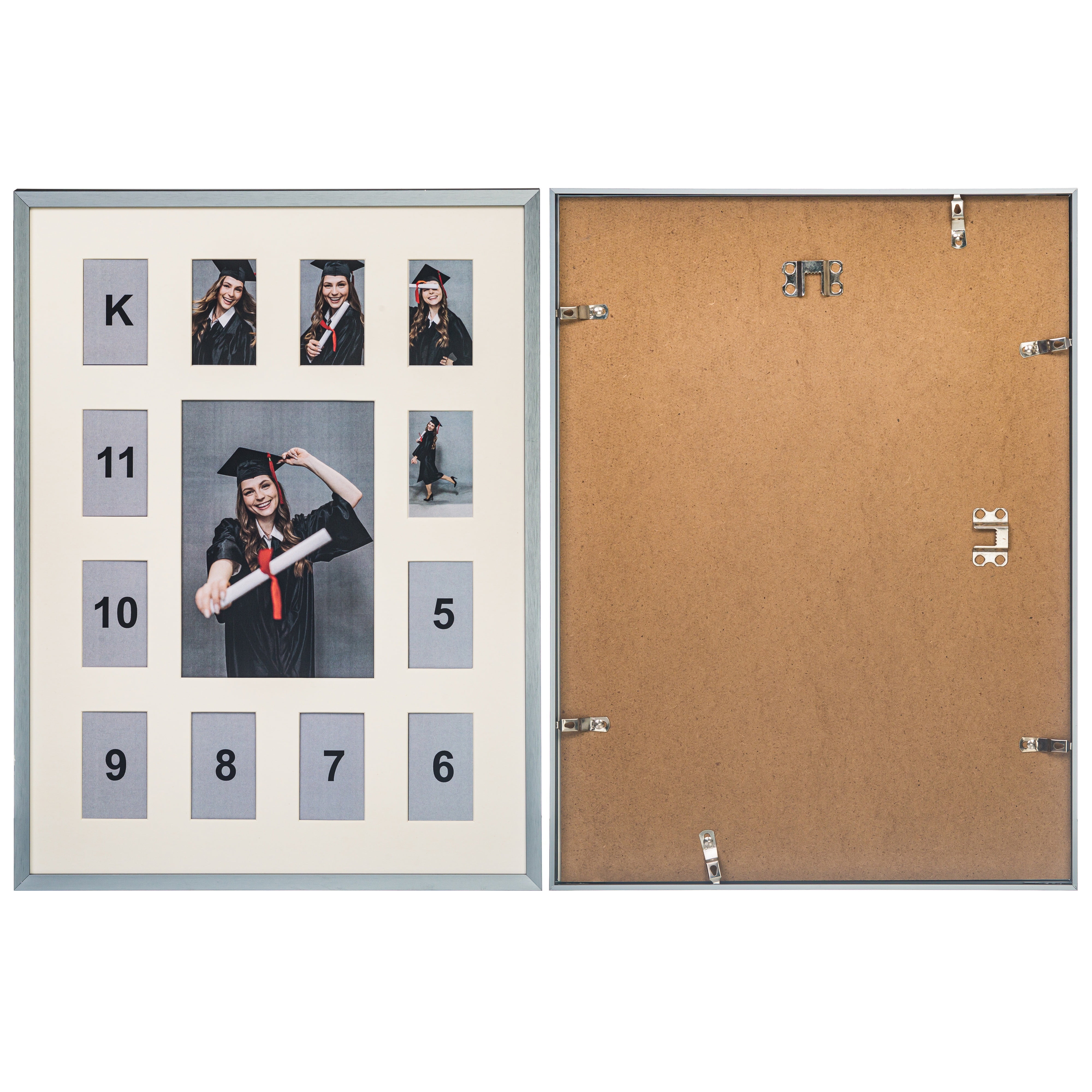 School Years Aluminum Metal Collage Picture Frame - Displays One 5x7 Photo and Twelve 2.5x3.5 Openings, K-12 Keepsake Silver
