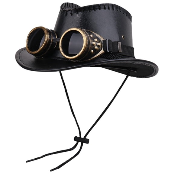 Jiibva Western Cowboy Hat Leather Vintage Sun Cap Large Curved Wide Brim With Windproof Goggles for Men and Women