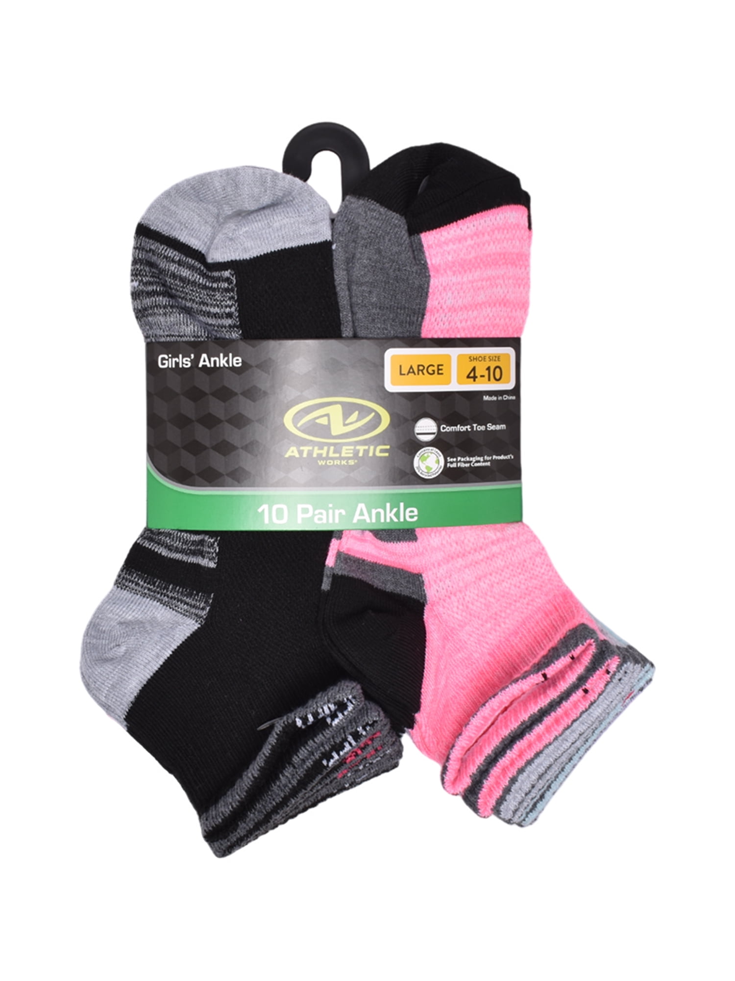 Athletic Works Girls Cushioned Ankle Socks, 10-Pack, Sizes S (6-10.5) - L (4-10)