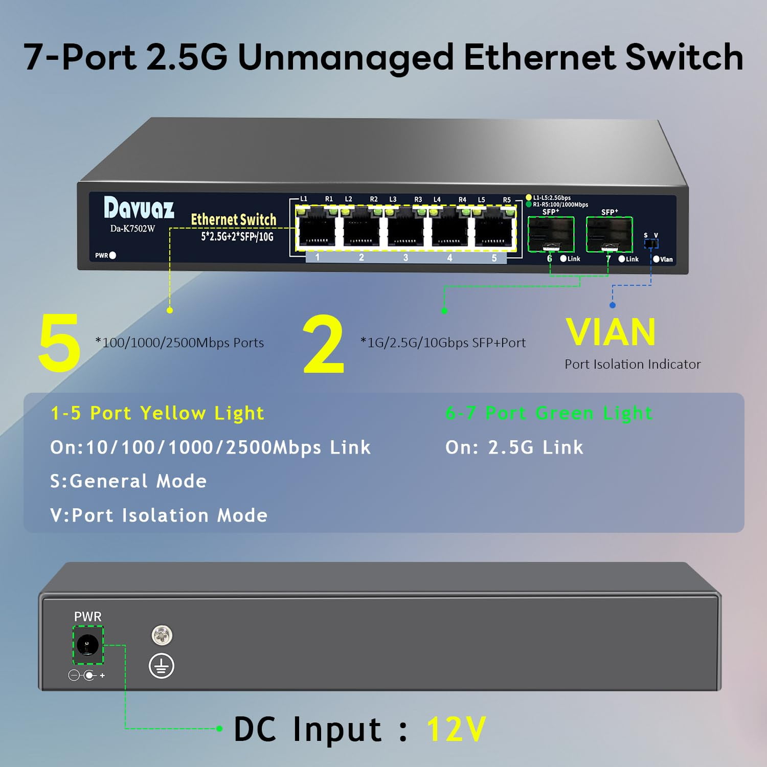 Davuaz 2.5G Unmanaged Ethernet Switch with 5 x 2.5G Base-T Ports and 2 x 10G SFP Uplink Port, Compatible with 100/1000/2500Mbps, Fanlesss Design, Plug & Play, Metal 2.5Gb Network Switch