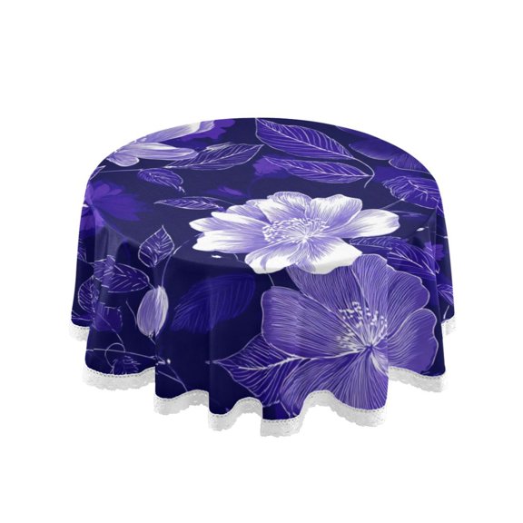Round Single Sided Printed Tablecloth, 60 Inch Polyester Round Table Cover with White Lace Trim, Wrinkle Resistant Decorative Table Cloth for Home Purple White Flower Mix
