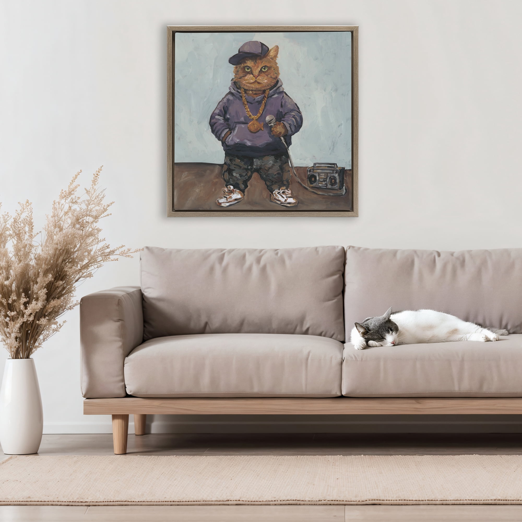 Stupell Industries Urban Hip-Hop Cat Brown Framed Floater Canvas Wall Art, design by Studio Bautista