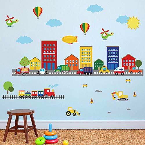 decalmile Construction Vehicles Cars Wall Decals Tractor Excavator Crane Wall Stickers Kids Bedroom Boys Room Playroom Wall Decor 